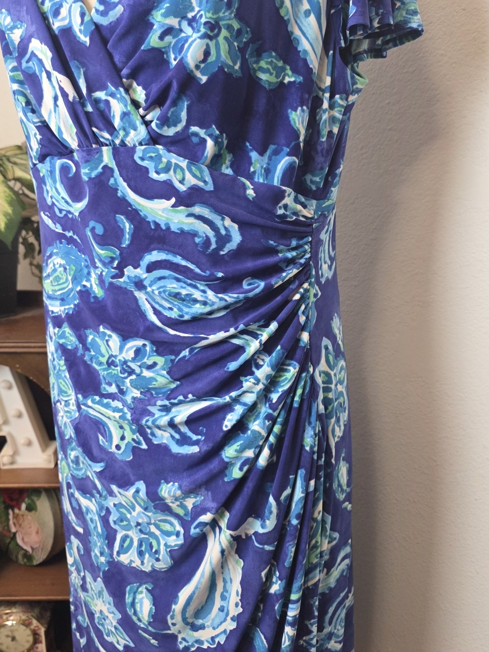 RALPH LAUREN Plus Size 16W Blue Floral Paisley Wrap Dress Stretchy Wedding - Picture 8 of 13